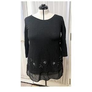 LOGO Lori Goldstein Slub Knit Cotton Tunic Embellished Chiffon Trim Size L